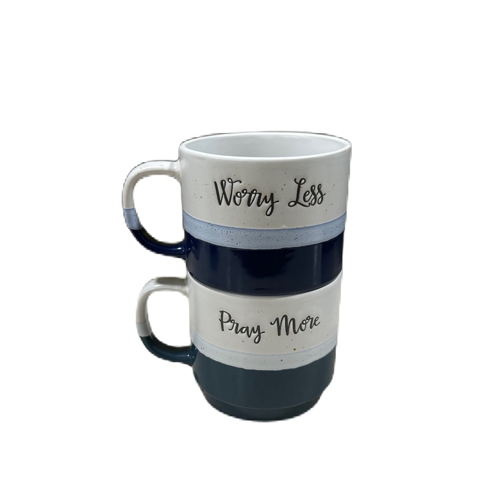 Belle Maison "worry less” and "pray more" Coffee Mugs Stackable Set of 2 Cottage